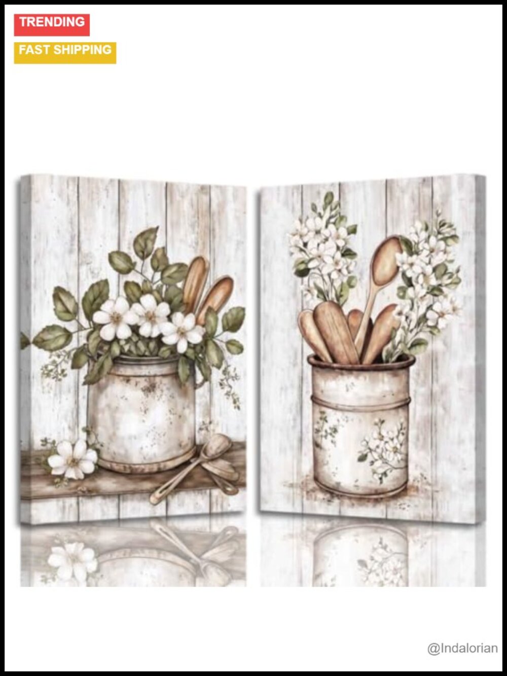 2pc Vintage Kitchen Wall Art Farmhouse Floral Canvas Print Framed 16x24